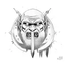 Half-orc warrior wielding a massive sword in a war-torn battlefield tattoo design idea