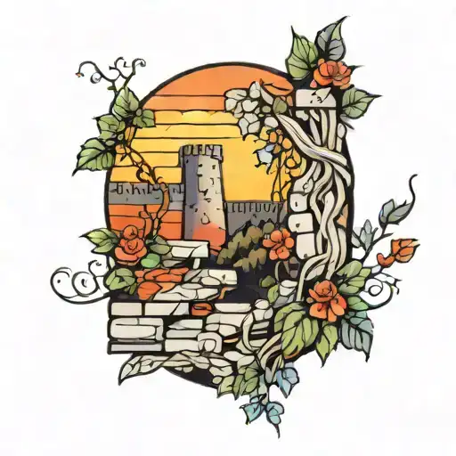 stone wall wrapped in vines sunset sky tattoo design idea