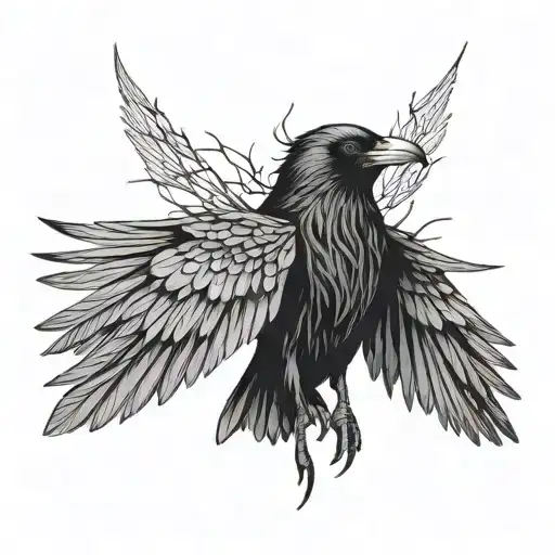 raven with its wings spread, with thorns surrounding it  tattoo design idea