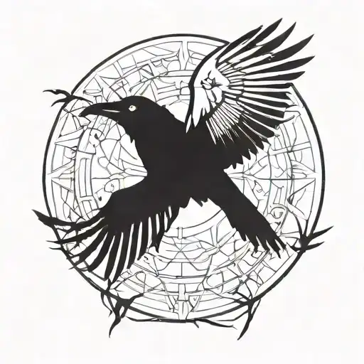 raven with its wings spread, with thorns surrounding it in a circle tattoo design idea