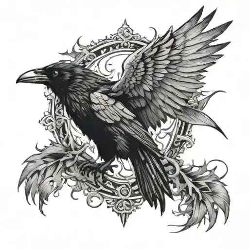 raven with wings spread  surrounded by thorn crown tattoo design idea