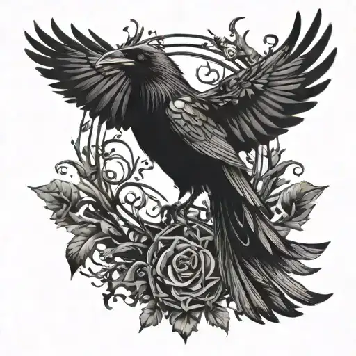 raven with wings spread surrounded by thorn crown tattoo design idea