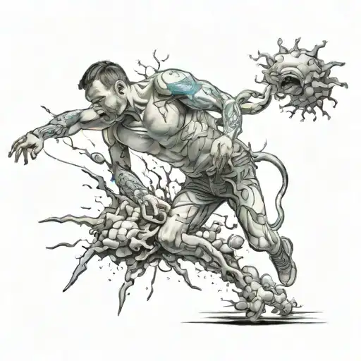 Man being destroyed and created at the same time running tattoo design idea