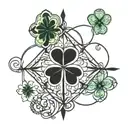 church stained glass window on arm with 4 leaf clover at top, images of grace, salvation and anxiety tattoo design idea
