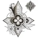 church stained glass window on arm with 4 leaf clover at top, images of grace, salvation and anxiety tattoo design idea