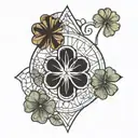 church stained glass window on arm with 4 leaf clover at top, images of grace, salvation and anxiety tattoo design idea