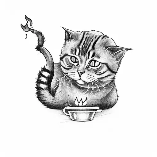 A cat holding a burning cigarette with a mischievous expression tattoo design idea