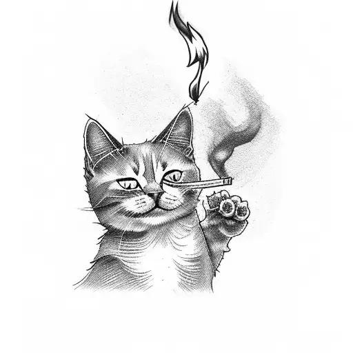 A cat holding a burning cigarette with a mischievous expression tattoo design idea