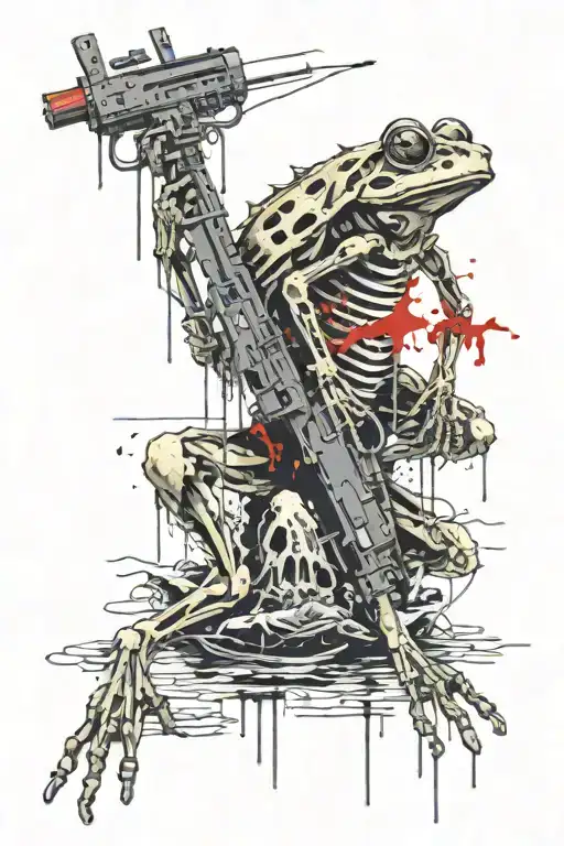 frog skeleton emerging from water carrying m4 rifle tattoo design idea