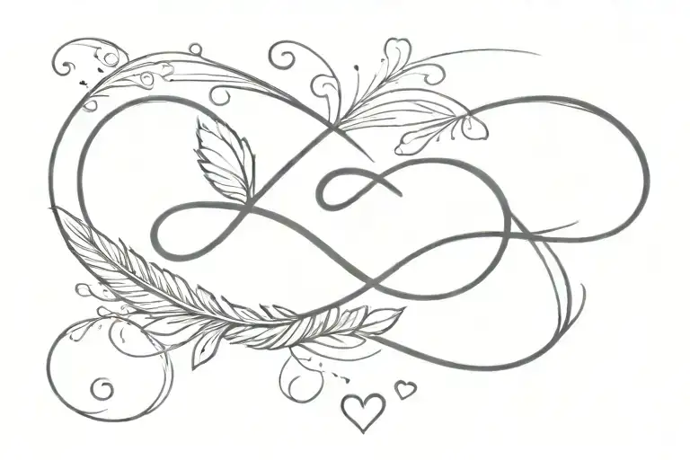 infinity symbol with one side being a feather and a few dog paws and small hearts on the other side tattoo design idea