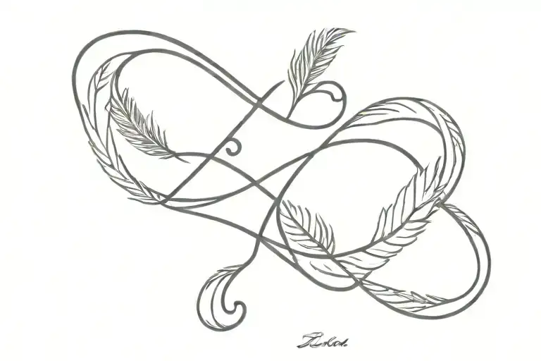 an infinity symbol with one side having a feather and the other side having dog psws and small hearts. tattoo design idea