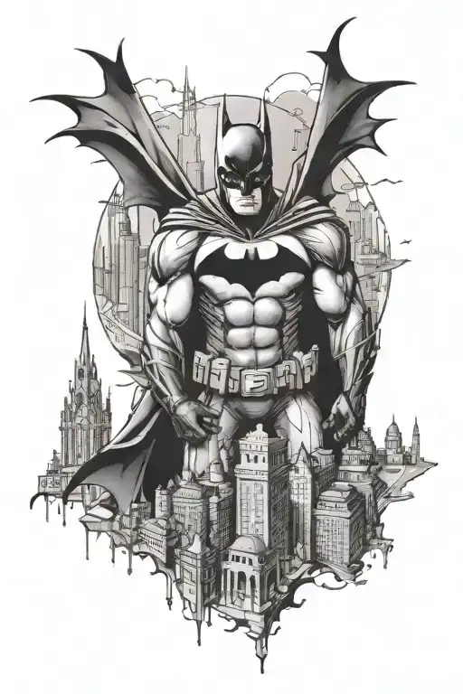 batman looking over gotham city skyline in the background tattoo design idea