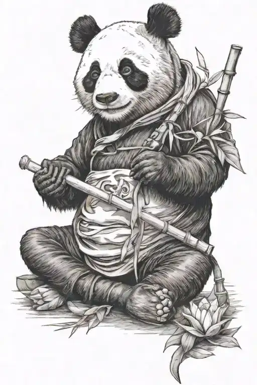 panda sitting in lotus position smoking bamboo pipe tattoo design idea