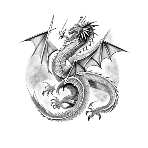 dragon phoenix around sword  tattoo design idea