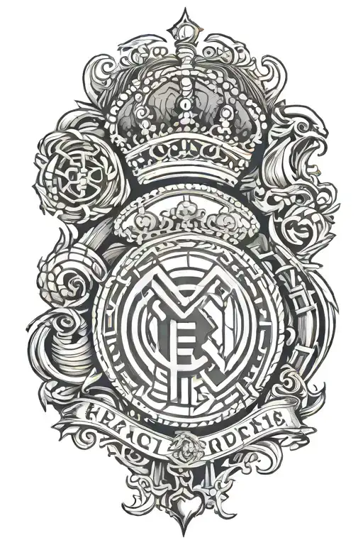 Real Madrid logo, goddess cibeles, viking warrior and santiago bernabeu stadium.  tattoo design idea
