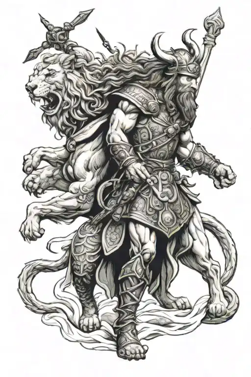 Next to the goddess Cibeles, there is a viking warrior, just above them are the lion figures, and the tops are santiago  tattoo design idea