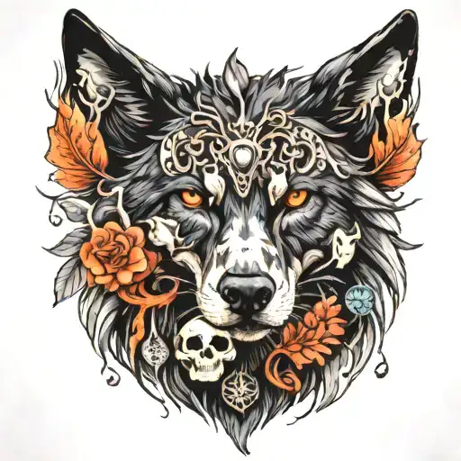 a black wolf with a skull for a face, with mushrooms and crystal and deer antlers that covered in pagan charms, crystals tattoo design idea