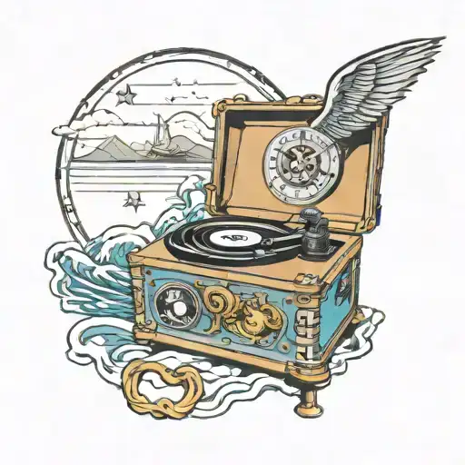record player and clock surrounding ocean cove under thunderstorm  tattoo design idea