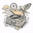 record player and clock surrounding ocean cove under thunderstorm  tattoo design idea