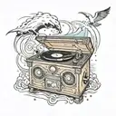 record player and clock surrounding ocean cove under thunderstorm  tattoo design idea