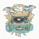 record player and clock surrounding ocean cove under thunderstorm  tattoo design idea