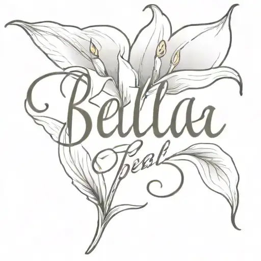"bella" written in cursive next to a small calla lily  tattoo design idea