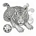 A Japanese inspired tiger playing a soccer ball like a musician, incorporating elements of music and sports tattoo design idea