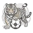 A Japanese inspired tiger playing a soccer ball like a musician, incorporating elements of music and sports tattoo design idea