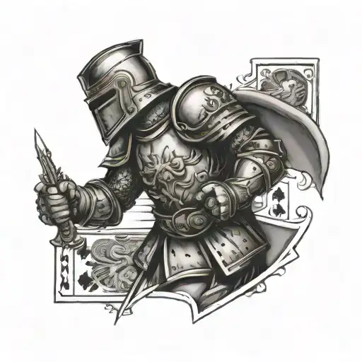 A tattoo design of a playing card featuring a UFC fighter in medieval knight armor, representing the client's interests in gambling and UFC tattoo design idea