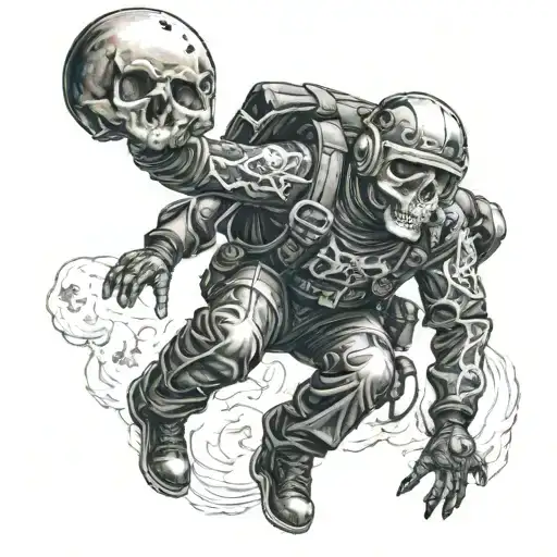 A skydiver freefalling with a helmet adorned with a skull and crossbones tattoo design idea