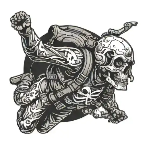 A skydiver freefalling with a helmet adorned with a skull and crossbones tattoo design idea