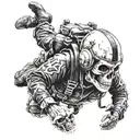 A skydiver freefalling with a helmet adorned with a skull and crossbones tattoo design idea