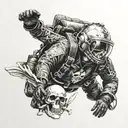 A skydiver freefalling with a helmet adorned with a skull and crossbones tattoo design idea