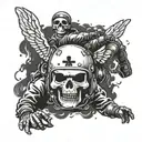 A skydiver freefalling with a helmet adorned with a skull and crossbones tattoo design idea