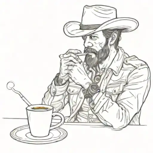 Cowboy crotched down drinking coffee and smoking a cigarette tattoo design idea