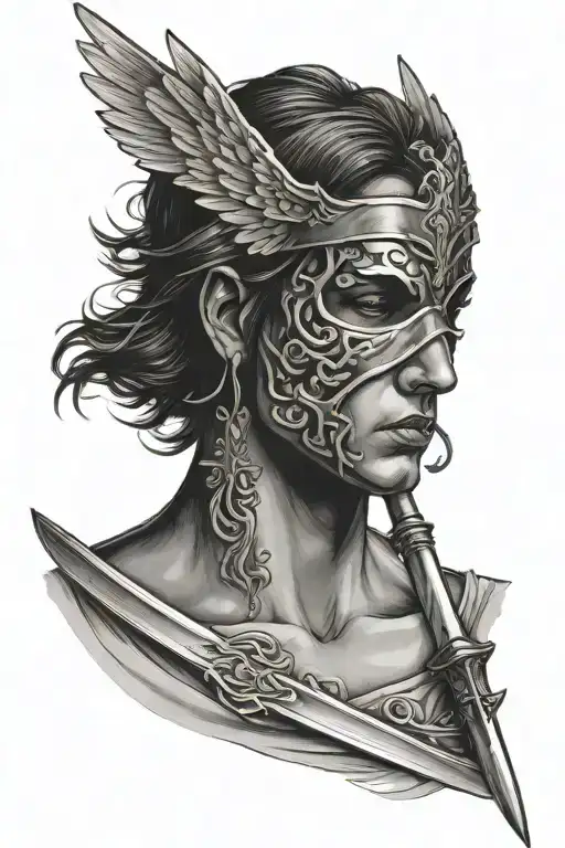 angel blindfold with a sword tattoo design idea