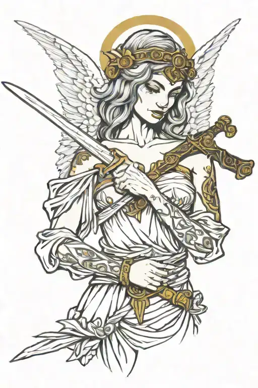 angel blindfold covering her eyes with a sword tattoo design idea