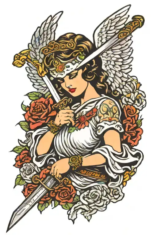 angel blindfold covering her eyes with a sword tattoo design idea