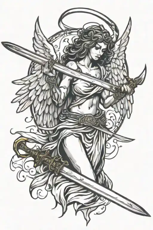 angel blindfold with a sword tattoo design idea