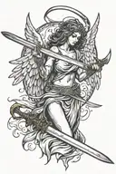 angel blindfold with a sword tattoo design idea