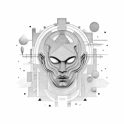 abstract head made by dots and lines and a castle in the back  tattoo design idea