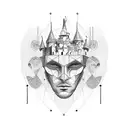 abstract head made by dots and lines and a castle in the back  tattoo design idea