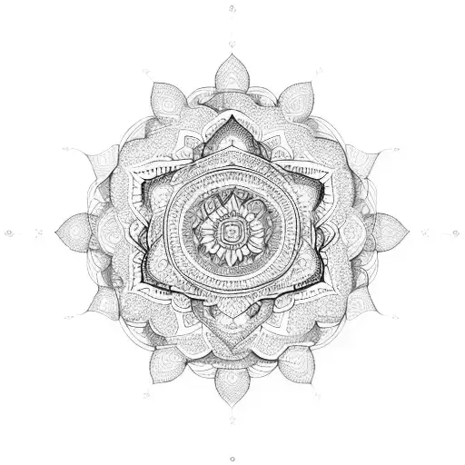 An intricate blackwork design of a Bohemian-inspired mandala with mountains and trees intertwined within tattoo design idea