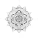 An intricate blackwork design of a Bohemian-inspired mandala with mountains and trees intertwined within tattoo design idea