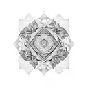 An intricate blackwork design of a Bohemian-inspired mandala with mountains and trees intertwined within tattoo design idea