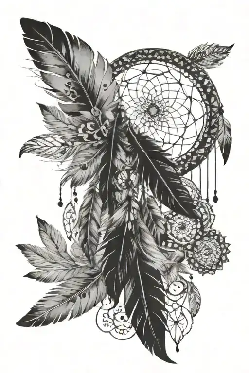 big feather with a dream catcher inside, small mandalas and smaller feathers tattoo design idea