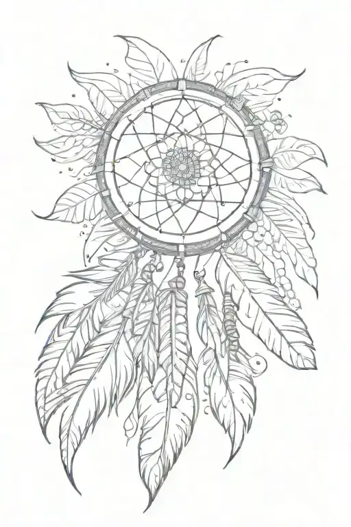 big feather with a dream catcher inside, small mandalas and smaller feathers tattoo design idea