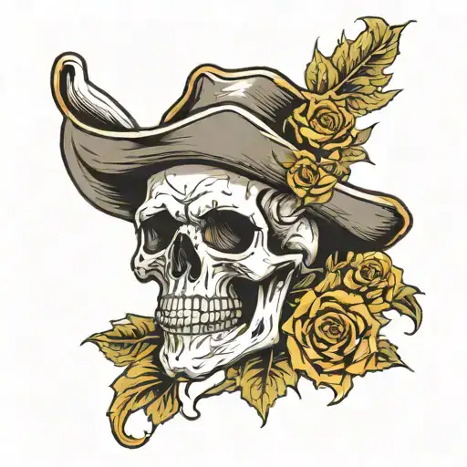 skull with cowboy hat with rose in mouth driving a pirate steering wheel on a bed of sunflowers  tattoo design idea