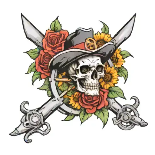 skull with firemen hat with rose in mouth driving a pirate steering wheel on a bed of sunflowers  tattoo design idea