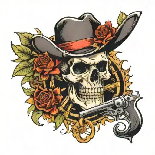 skull with cowboy hat with a red rose and on a bed of sunflowers sterring a pirate ship wheel tattoo design idea